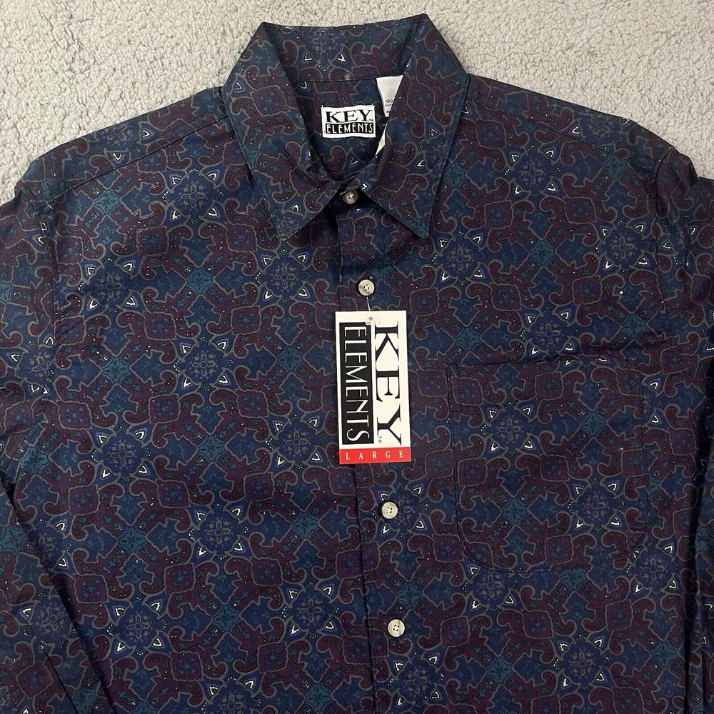 Vintage Key‎ Elements 90's Button Shirt Purple Blue Groovy Pattern Long Sleeve